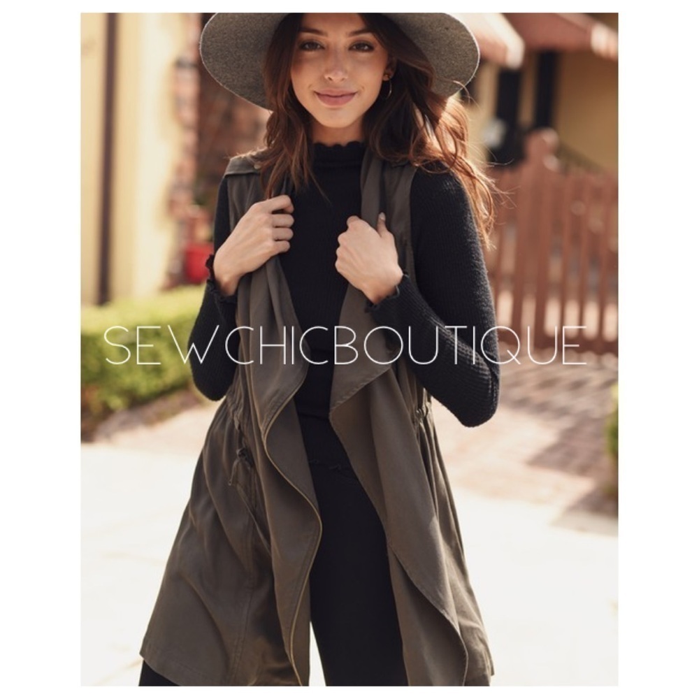 OLIVE Drape Vest w Side Zip & Tie detail